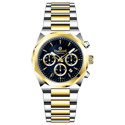 A Timezone Watches branded watch with a stainless steel band and a silver-colored dial featuring a chronograph movement, day-date display, and a gold-tone case.
Discover timezone watches: elegant branded wrist watches for men in pakistan.