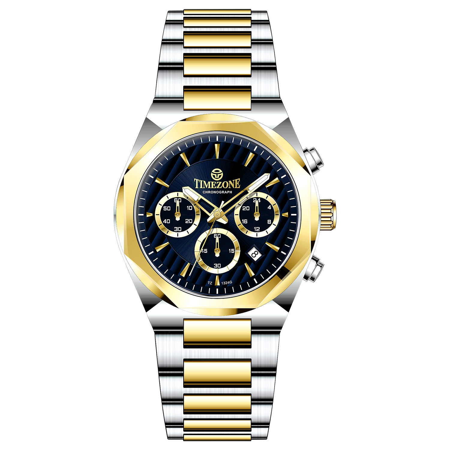 A Timezone Watches branded watch with a stainless steel band and a silver-colored dial featuring a chronograph movement, day-date display, and a gold-tone case.
Discover timezone watches: elegant branded wrist watches for men in pakistan.