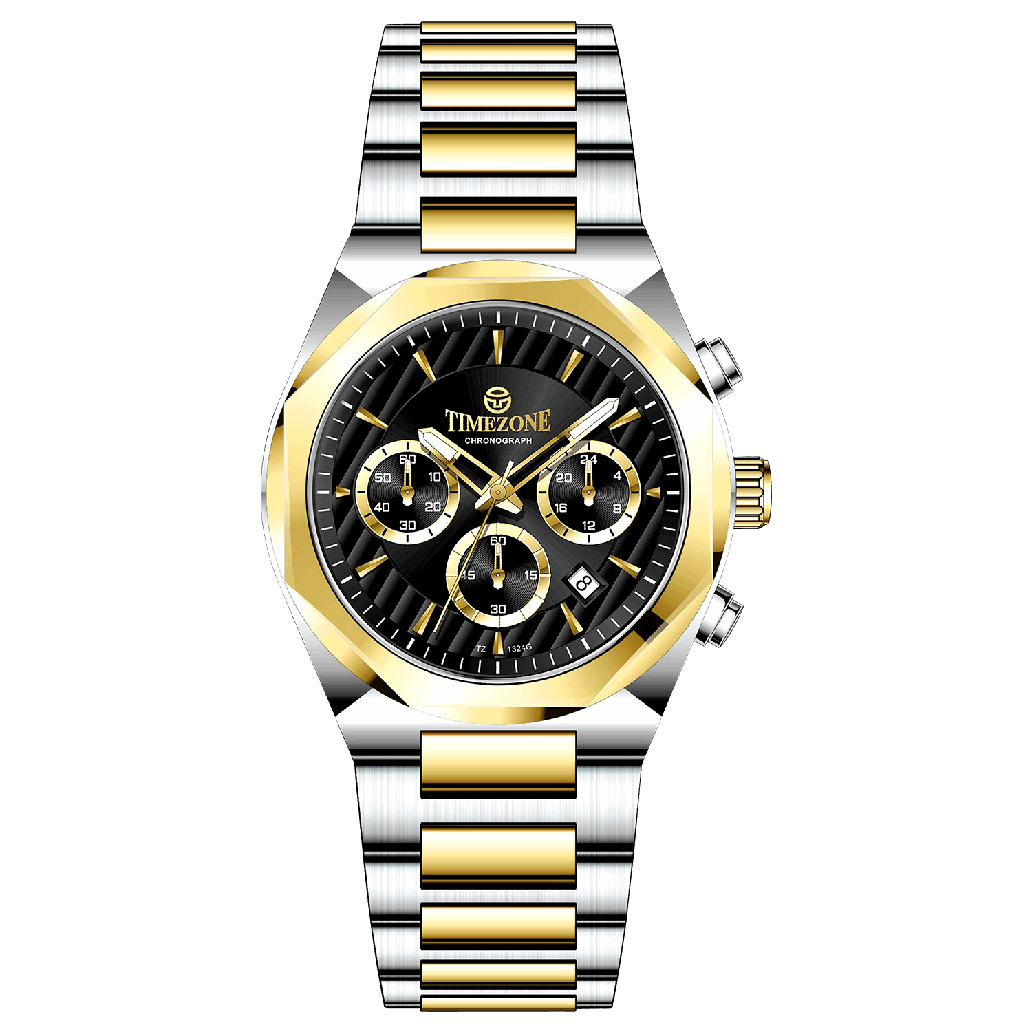 A Timezone Watches branded watch with a stainless steel band and a silver-colored dial featuring a chronograph movement, day-date display, and a gold-tone case. Discover timezone watches: elegant branded wrist watches for men in pakistan.