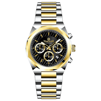 A Timezone Watches branded watch with a stainless steel band and a silver-colored dial featuring a chronograph movement, day-date display, and a gold-tone case. Discover timezone watches: elegant branded wrist watches for men in pakistan.