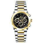 A Timezone Watches branded watch with a stainless steel band and a silver-colored dial featuring a chronograph movement, day-date display, and a gold-tone case. Discover timezone watches: elegant branded wrist watches for men in pakistan.