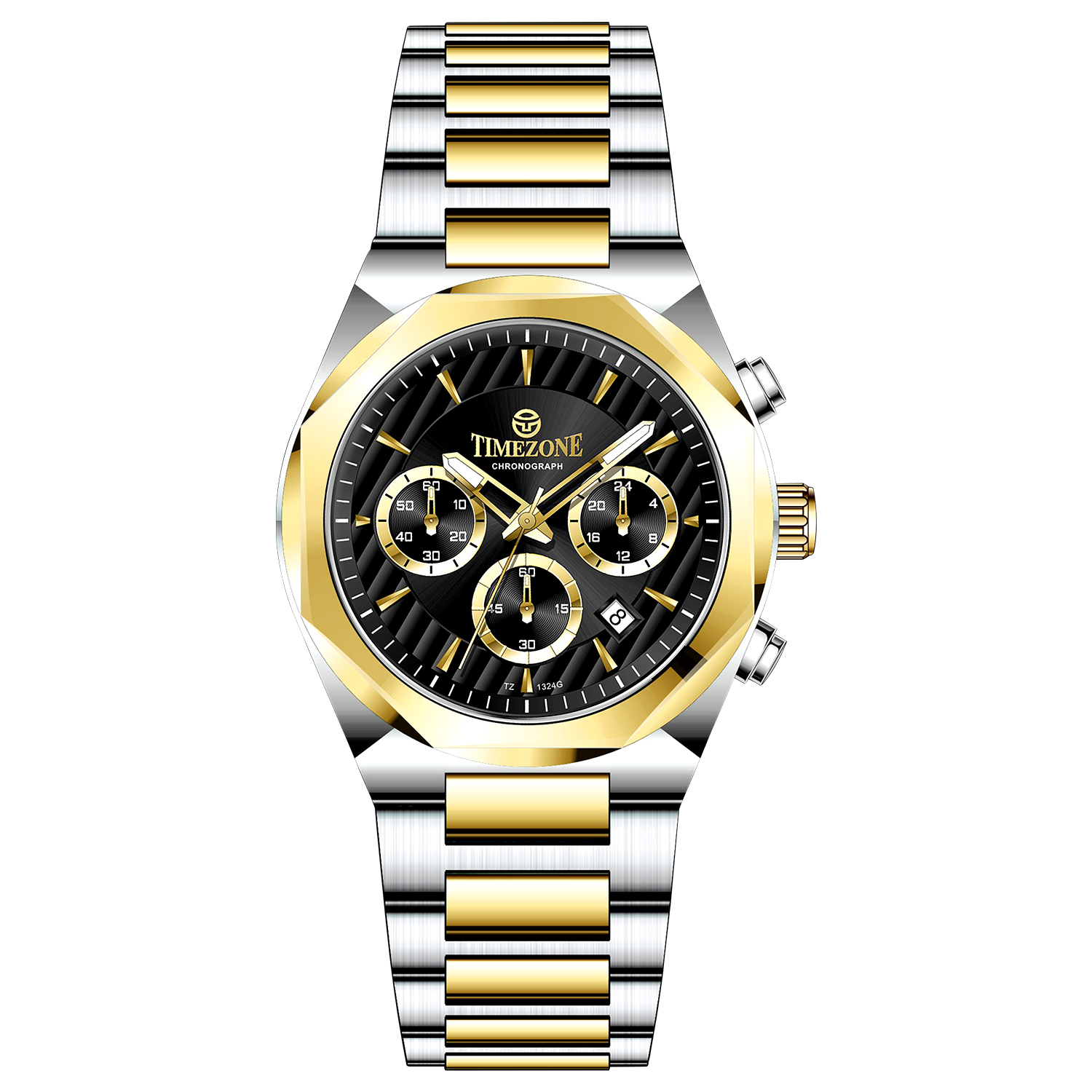 A Timezone Watches branded watch with a stainless steel band and a silver-colored dial featuring a chronograph movement, day-date display, and a gold-tone case. Discover timezone watches: elegant branded wrist watches for men in pakistan.