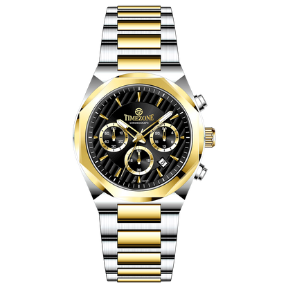 A Timezone Watches branded watch with a stainless steel band and a silver-colored dial featuring a chronograph movement, day-date display, and a gold-tone case. Discover timezone watches: elegant branded wrist watches for men in pakistan.