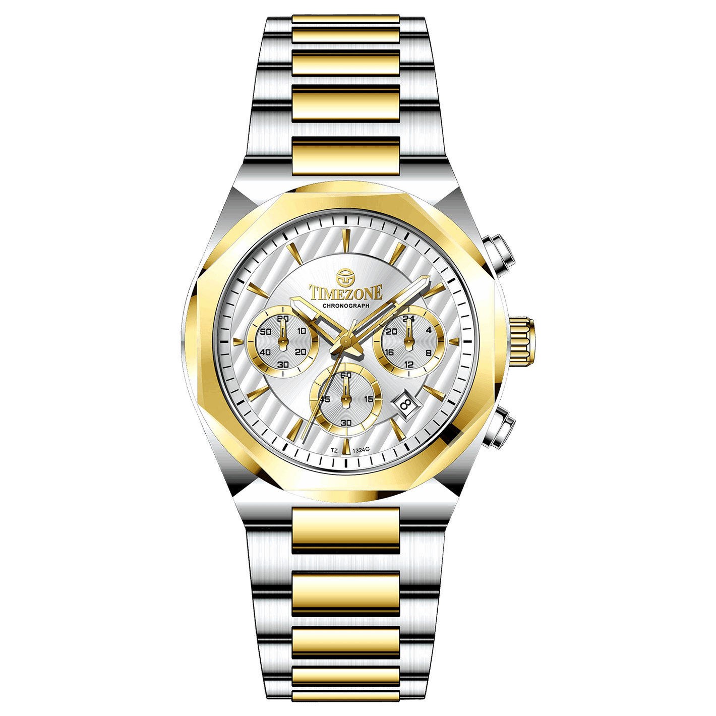 A branded watch with a stainless steel band and a silver-colored dial featuring a chronograph movement, day-date display, and a gold-tone case. Discover timezone watches: elegant branded wrist watches for men in pakistan.