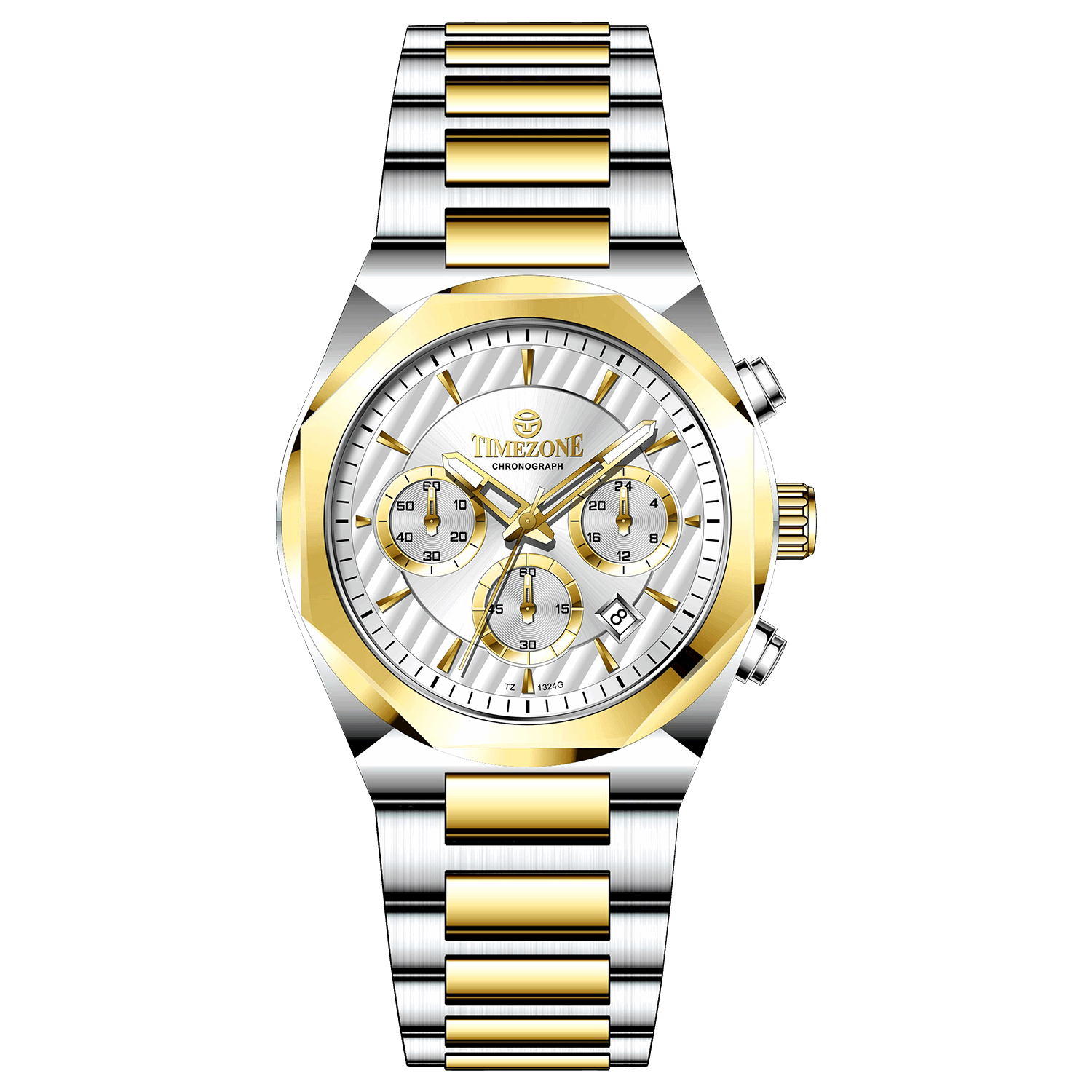 A branded watch with a stainless steel band and a silver-colored dial featuring a chronograph movement, day-date display, and a gold-tone case. Discover timezone watches: elegant branded wrist watches for men in pakistan.