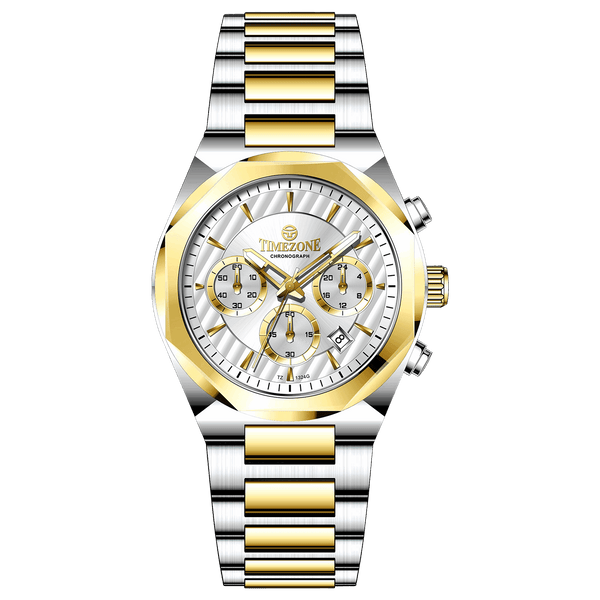 A branded watch with a stainless steel band and a silver-colored dial featuring a chronograph movement, day-date display, and a gold-tone case. Discover timezone watches: elegant branded wrist watches for men in pakistan.