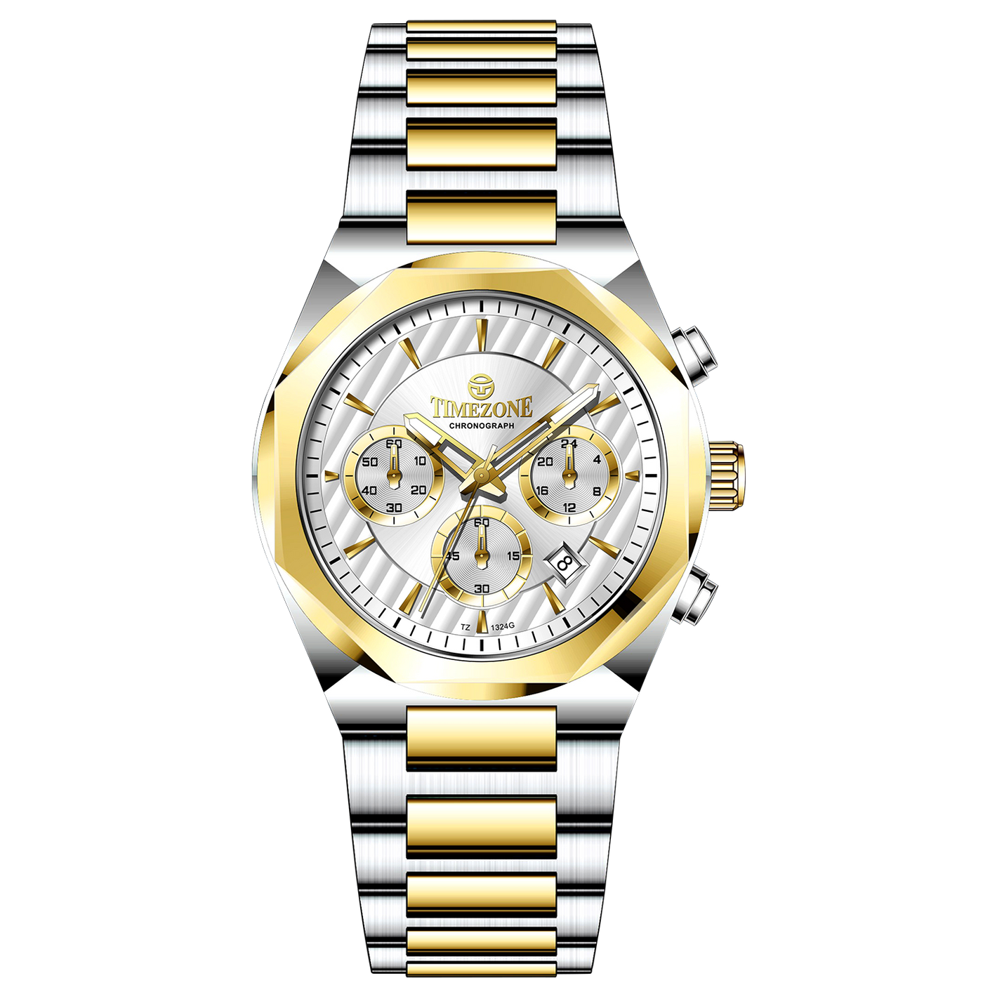 A branded watch with a stainless steel band and a silver-colored dial featuring a chronograph movement, day-date display, and a gold-tone case. Discover timezone watches: elegant branded wrist watches for men in pakistan.