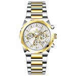 A branded watch with a stainless steel band and a silver-colored dial featuring a chronograph movement, day-date display, and a gold-tone case. Discover timezone watches: elegant branded wrist watches for men in pakistan.