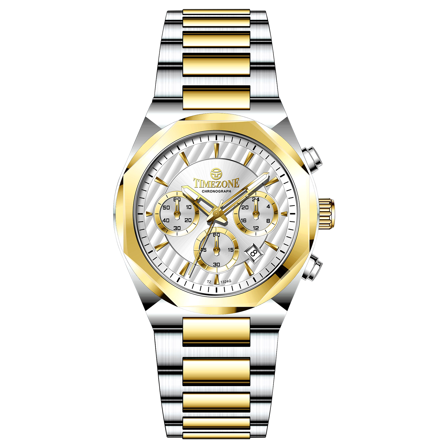 A branded watch with a stainless steel band and a silver-colored dial featuring a chronograph movement, day-date display, and a gold-tone case. Discover timezone watches: elegant branded wrist watches for men in pakistan.