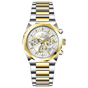 A branded watch with a stainless steel band and a silver-colored dial featuring a chronograph movement, day-date display, and a gold-tone case. Discover timezone watches: elegant branded wrist watches for men in pakistan.