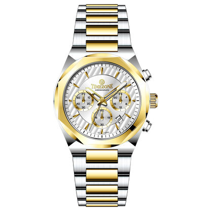 A branded watch with a stainless steel band and a silver-colored dial featuring a chronograph movement, day-date display, and a gold-tone case. Discover timezone watches: elegant branded wrist watches for men in pakistan.