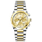 A branded watch with a stainless steel band and a silver-colored dial featuring a chronograph movement, day-date display, and a gold-tone case. Discover timezone watches: elegant branded wrist watches for men in pakistan.