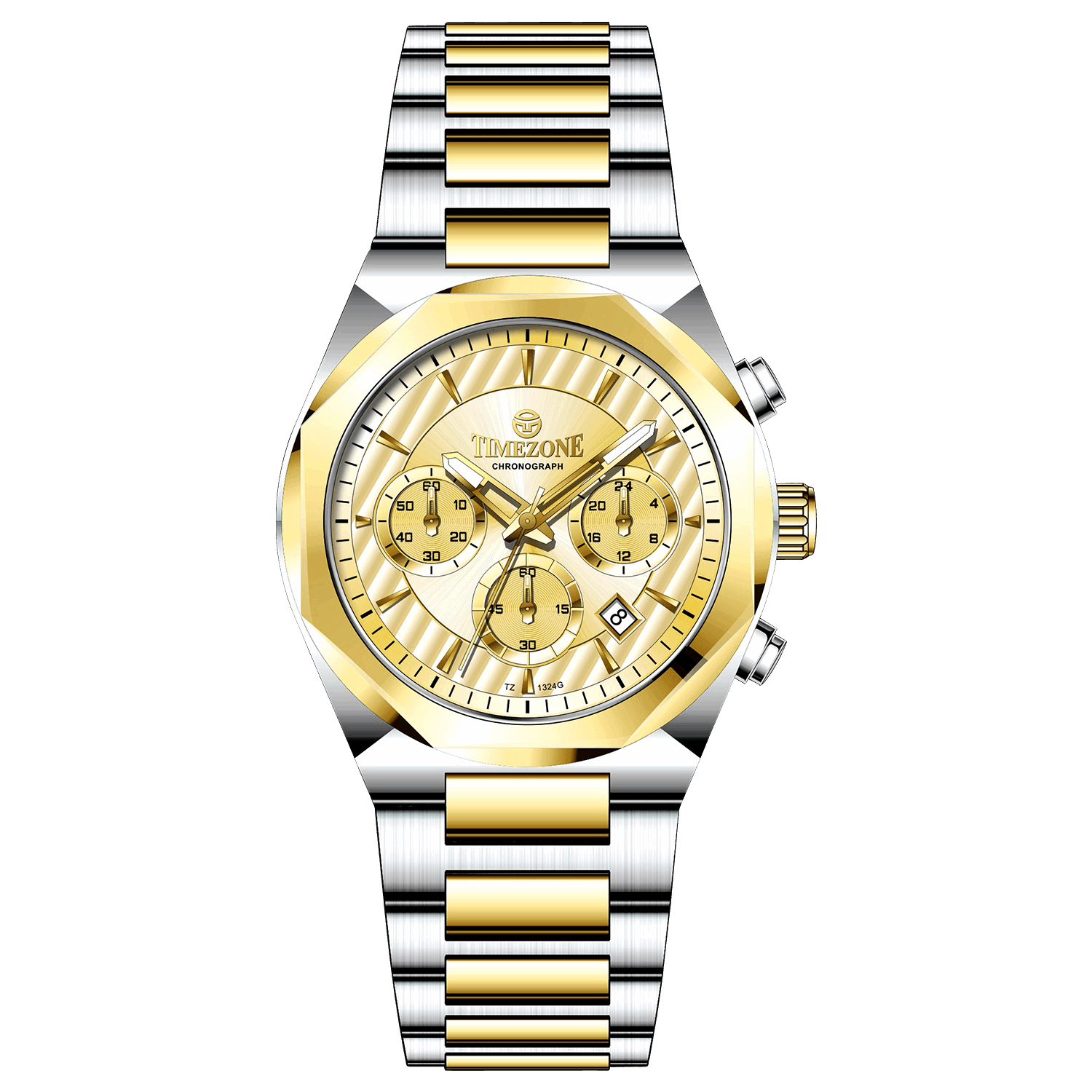 A branded watch with a stainless steel band and a silver-colored dial featuring a chronograph movement, day-date display, and a gold-tone case. Discover timezone watches: elegant branded wrist watches for men in pakistan.