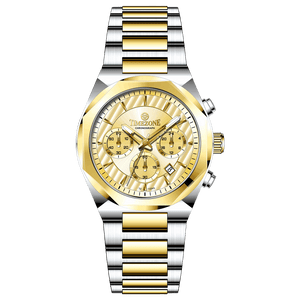 A branded watch with a stainless steel band and a silver-colored dial featuring a chronograph movement, day-date display, and a gold-tone case. Discover timezone watches: elegant branded wrist watches for men in pakistan.