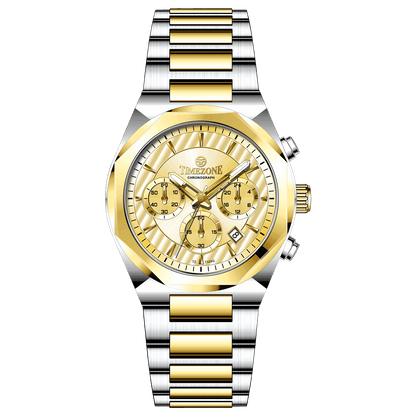 A branded watch with a stainless steel band and a silver-colored dial featuring a chronograph movement, day-date display, and a gold-tone case. Discover timezone watches: elegant branded wrist watches for men in pakistan.