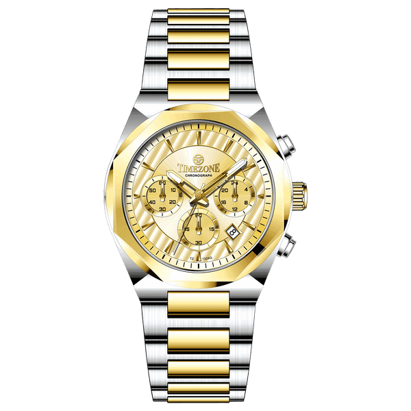 A branded watch with a stainless steel band and a silver-colored dial featuring a chronograph movement, day-date display, and a gold-tone case. Discover timezone watches: elegant branded wrist watches for men in pakistan.
