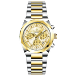A branded watch with a stainless steel band and a silver-colored dial featuring a chronograph movement, day-date display, and a gold-tone case. Discover timezone watches: elegant branded wrist watches for men in pakistan.