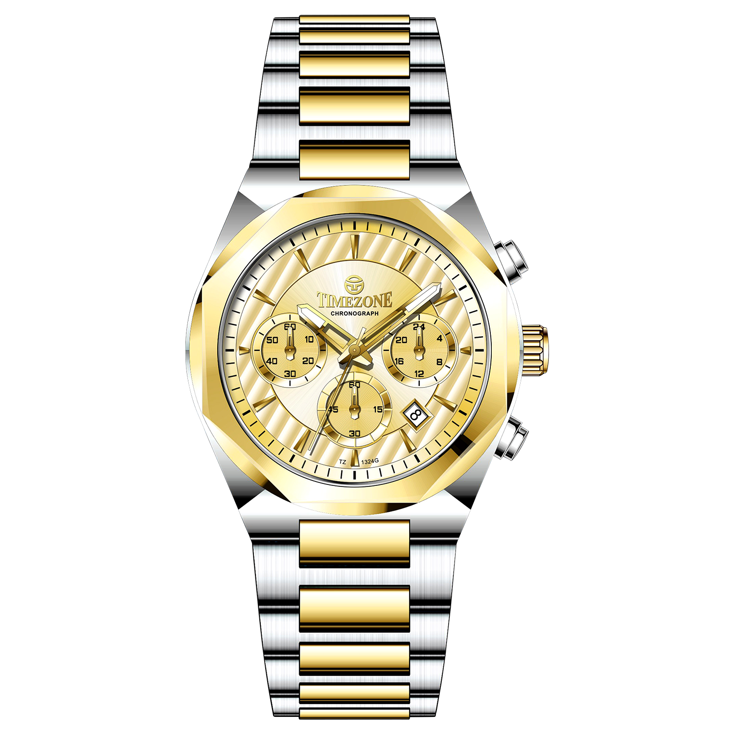 A branded watch with a stainless steel band and a silver-colored dial featuring a chronograph movement, day-date display, and a gold-tone case. Discover timezone watches: elegant branded wrist watches for men in pakistan.