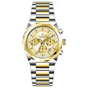 A branded watch with a stainless steel band and a silver-colored dial featuring a chronograph movement, day-date display, and a gold-tone case. Discover timezone watches: elegant branded wrist watches for men in pakistan.