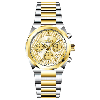 A branded watch with a stainless steel band and a silver-colored dial featuring a chronograph movement, day-date display, and a gold-tone case. Discover timezone watches: elegant branded wrist watches for men in pakistan.