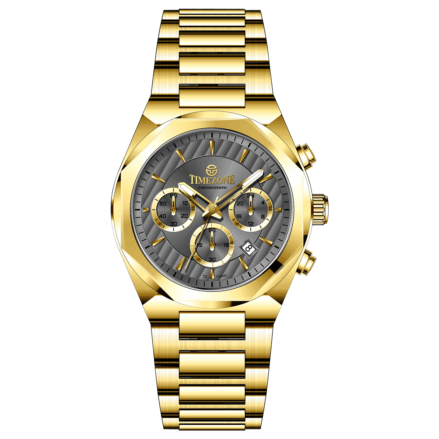 A gold-toned chronograph watch with a stainless steel band and a silver dial featuring multiple sub-dials and a date display. Discover timezone watches: elegant branded wrist watches for men in pakistan.