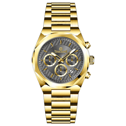 A gold-toned chronograph watch with a stainless steel band and a silver dial featuring multiple sub-dials and a date display. Discover timezone watches: elegant branded wrist watches for men in pakistan.
