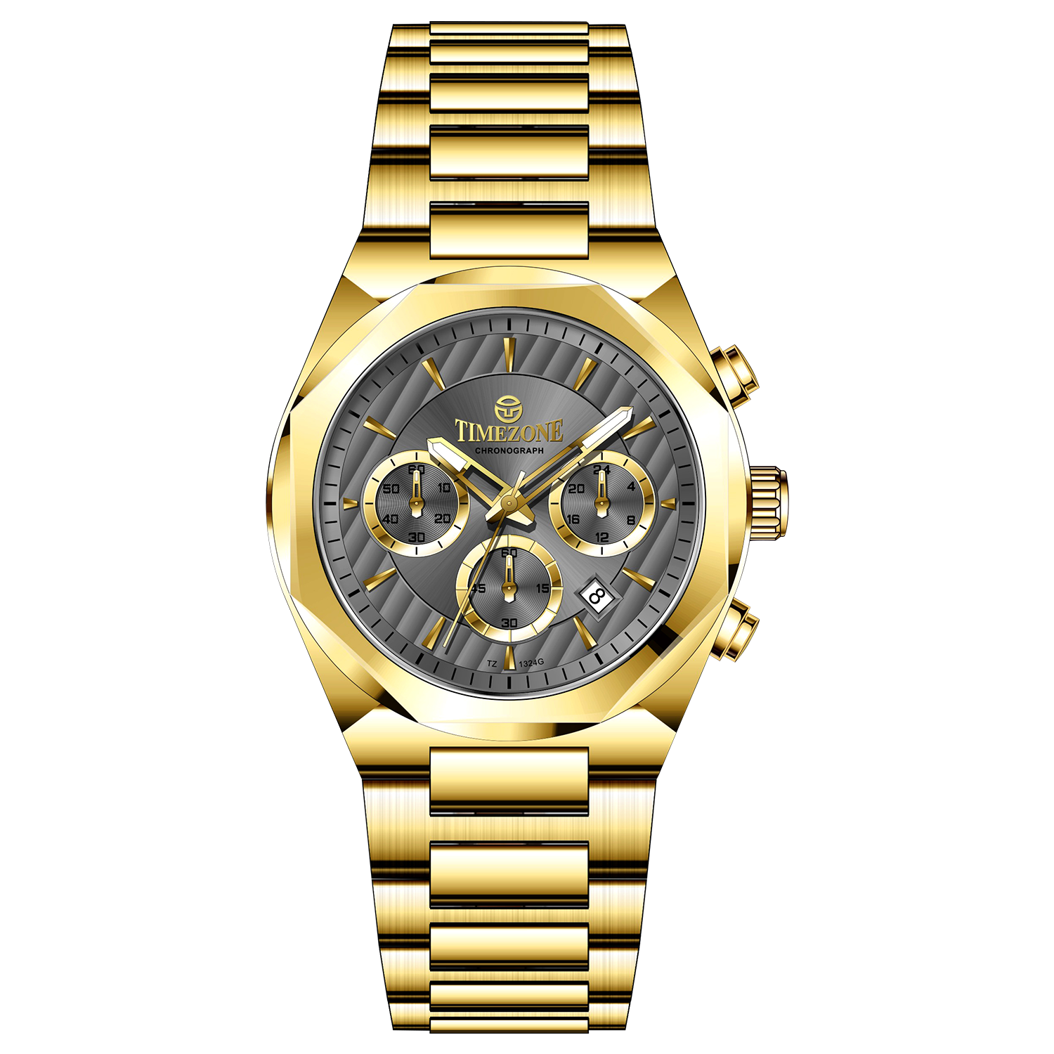 A gold-toned chronograph watch with a stainless steel band and a silver dial featuring multiple sub-dials and a date display. Discover timezone watches: elegant branded wrist watches for men in pakistan.