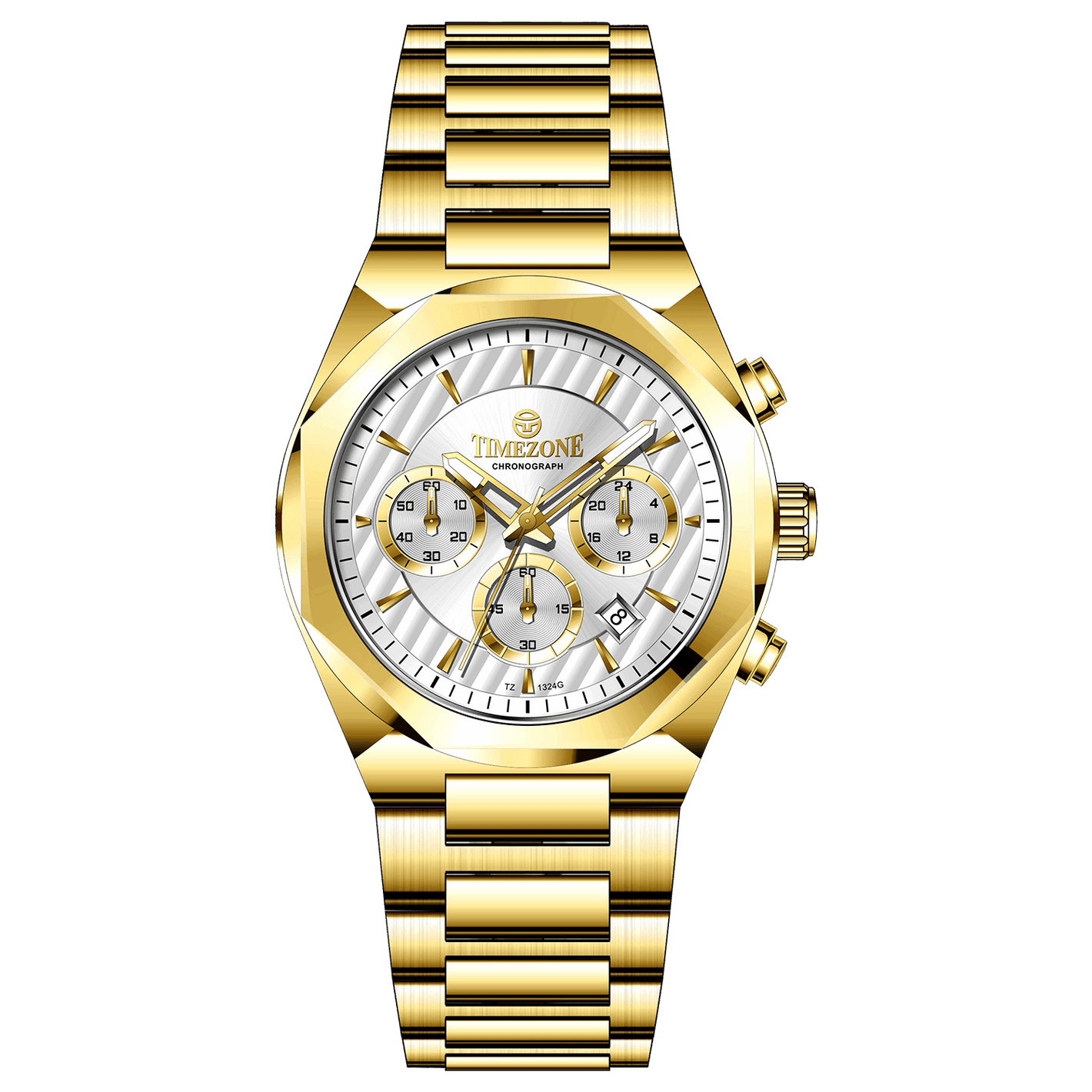 A gold-toned chronograph watch with a stainless steel band and a silver dial featuring multiple sub-dials and a date display. Discover timezone watches: elegant branded wrist watches for men in pakistan.