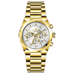 A gold-toned chronograph watch with a stainless steel band and a silver dial featuring multiple sub-dials and a date display. Discover timezone watches: elegant branded wrist watches for men in pakistan.