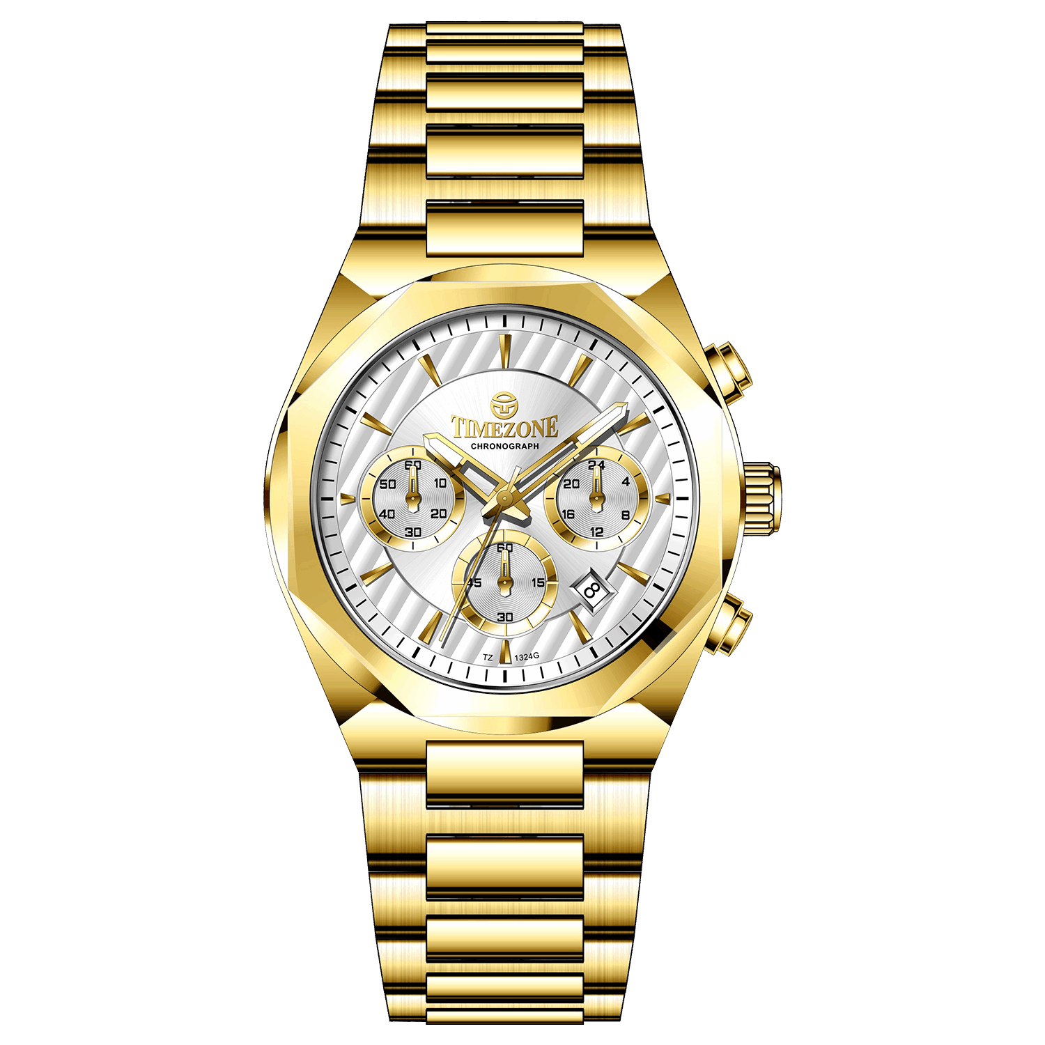 A gold-toned chronograph watch with a stainless steel band and a silver dial featuring multiple sub-dials and a date display. Discover timezone watches: elegant branded wrist watches for men in pakistan.