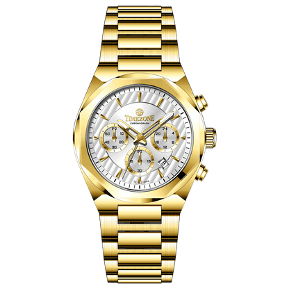 A gold-toned chronograph watch with a stainless steel band and a silver dial featuring multiple sub-dials and a date display. Discover timezone watches: elegant branded wrist watches for men in pakistan.
