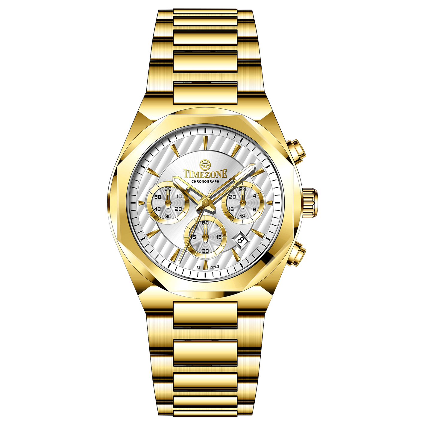 A gold-toned chronograph watch with a stainless steel band and a silver dial featuring multiple sub-dials and a date display. Discover timezone watches: elegant branded wrist watches for men in pakistan.