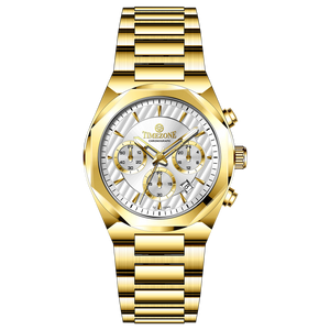 A gold-toned chronograph watch with a stainless steel band and a silver dial featuring multiple sub-dials and a date display. Discover timezone watches: elegant branded wrist watches for men in pakistan.