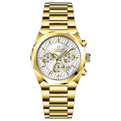 A gold-toned chronograph watch with a stainless steel band and a silver dial featuring multiple sub-dials and a date display. Discover timezone watches: elegant branded wrist watches for men in pakistan.