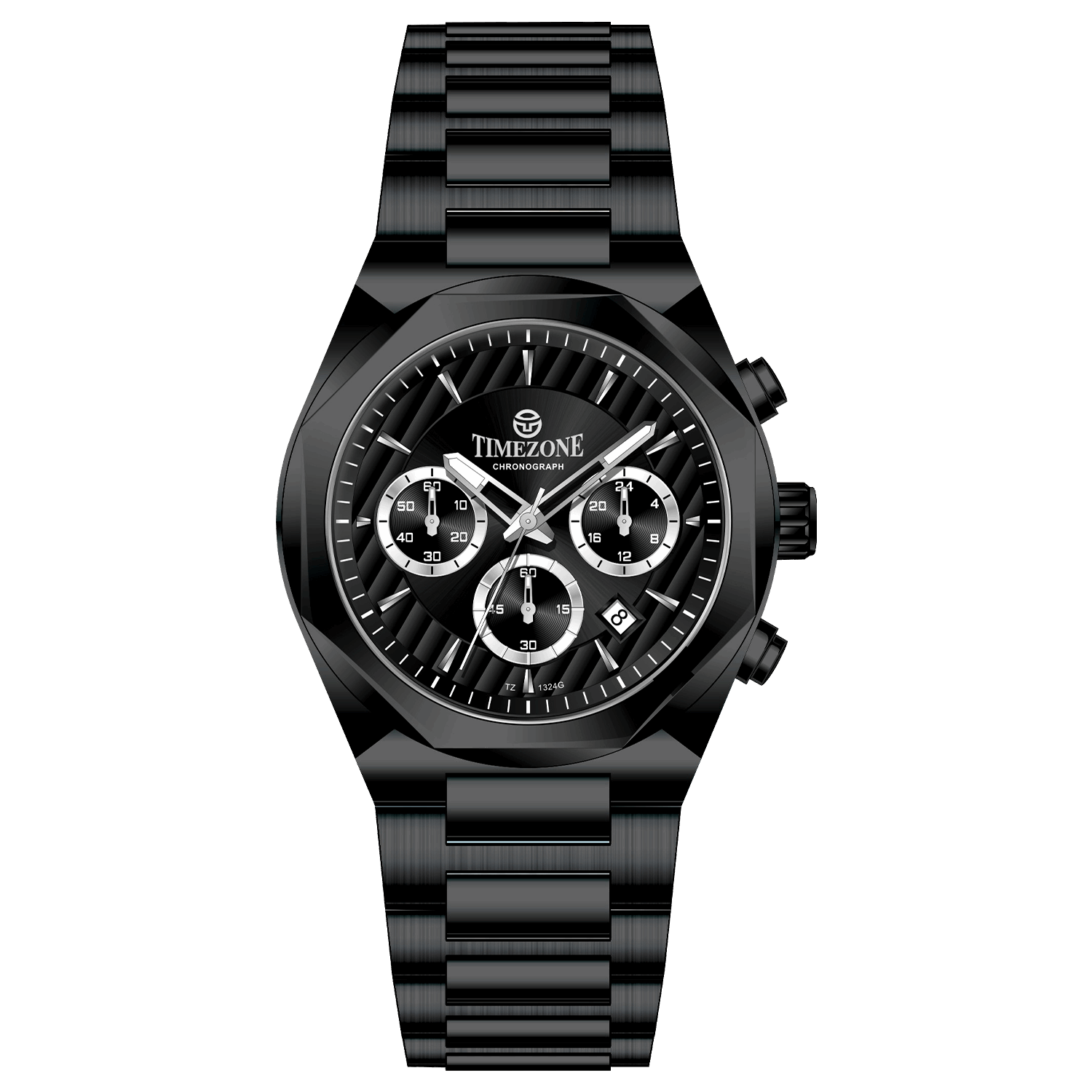 A black stainless steel Timezone chronograph watch with a strap and a case made of the same material. Discover timezone watches: elegant branded wrist watches for men in pakistan.