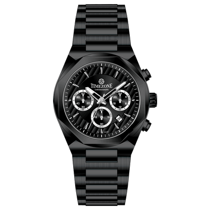 A black stainless steel Timezone chronograph watch with a strap and a case made of the same material. Discover timezone watches: elegant branded wrist watches for men in pakistan.
