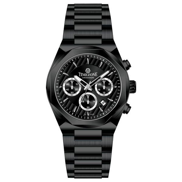 A black stainless steel Timezone chronograph watch with a strap and a case made of the same material. Discover timezone watches: elegant branded wrist watches for men in pakistan.