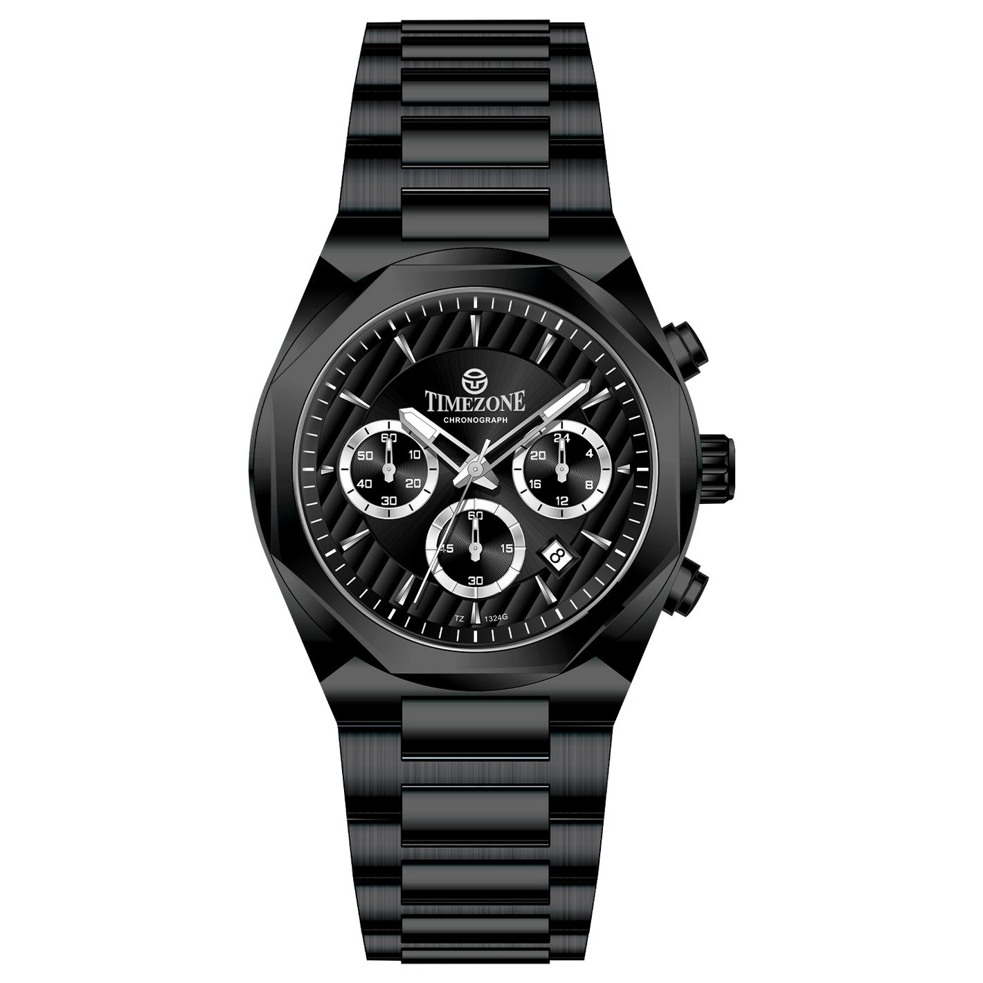 A black stainless steel Timezone chronograph watch with a strap and a case made of the same material. Discover timezone watches: elegant branded wrist watches for men in pakistan.