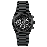 A black stainless steel Timezone chronograph watch with a strap and a case made of the same material. Discover timezone watches: elegant branded wrist watches for men in pakistan.