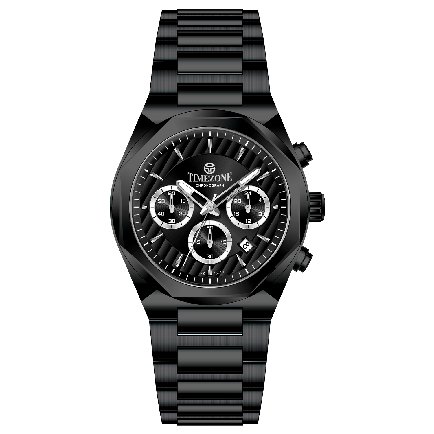 A black stainless steel Timezone chronograph watch with a strap and a case made of the same material. Discover timezone watches: elegant branded wrist watches for men in pakistan.