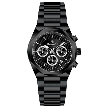 A black stainless steel Timezone chronograph watch with a strap and a case made of the same material. Discover timezone watches: elegant branded wrist watches for men in pakistan.
