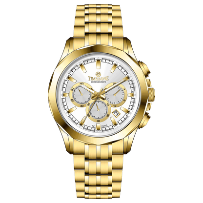 A gold-toned Timezone watch with a stainless steel band and a chronograph movement. Discover timezone watches: elegant branded wrist watches for men in pakistan.