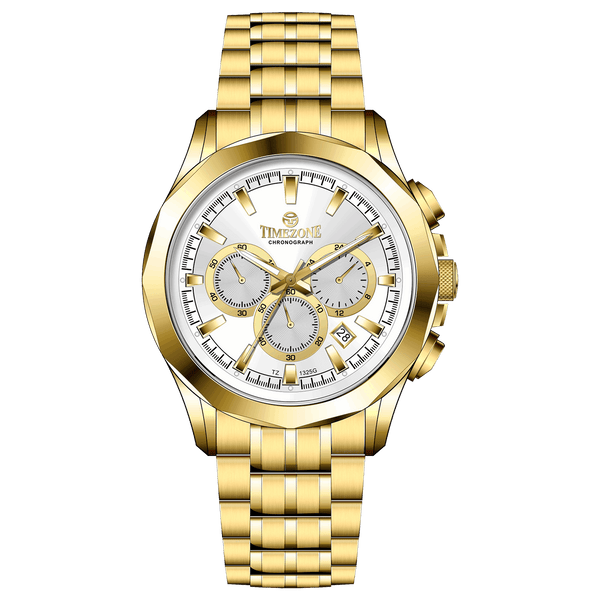 A gold-toned Timezone watch with a stainless steel band and a chronograph movement. Discover timezone watches: elegant branded wrist watches for men in pakistan.