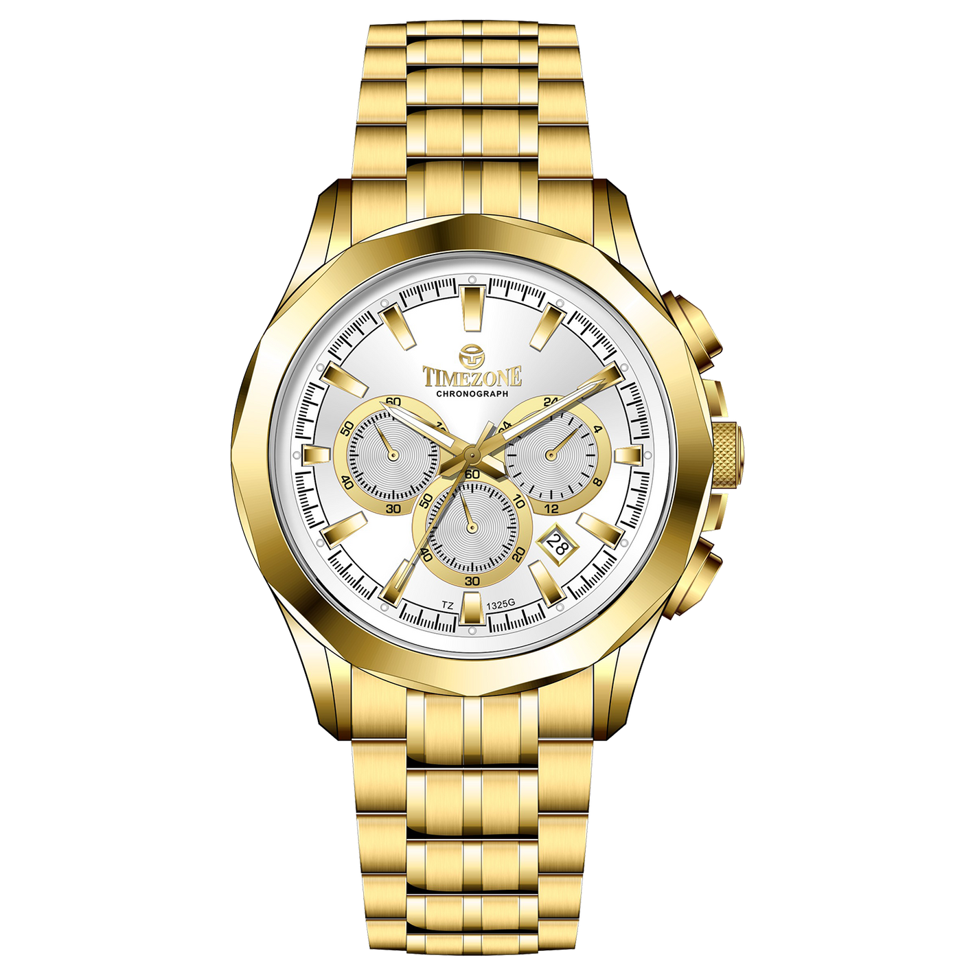 A gold-toned Timezone watch with a stainless steel band and a chronograph movement. Discover timezone watches: elegant branded wrist watches for men in pakistan.