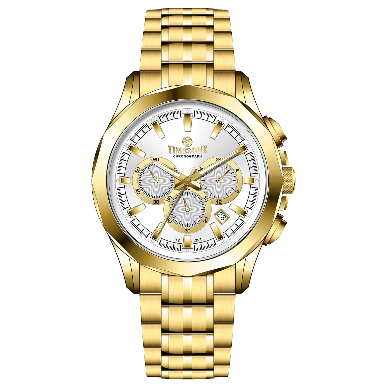 A gold-toned Timezone watch with a stainless steel band and a chronograph movement. Discover timezone watches: elegant branded wrist watches for men in pakistan.
