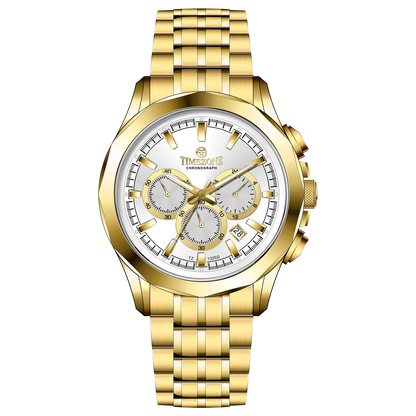 A gold-toned Timezone watch with a stainless steel band and a chronograph movement. Discover timezone watches: elegant branded wrist watches for men in pakistan.