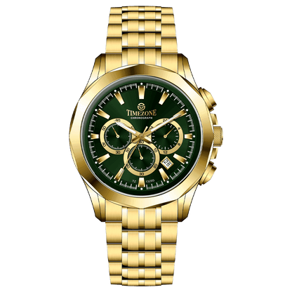 A gold-toned Timezone watch with a stainless steel band and a chronograph movement. Discover timezone watches: elegant branded wrist watches for men in pakistan.