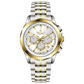 A timezone chronograph watch with a stainless steel band and bracelet, featuring a silver dial with gold-tone hands and markers. Discover timezone watches: elegant branded wrist watches for men in pakistan.