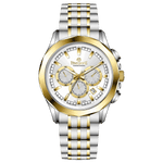 A timezone chronograph watch with a stainless steel band and bracelet, featuring a silver dial with gold-tone hands and markers. Discover timezone watches: elegant branded wrist watches for men in pakistan.