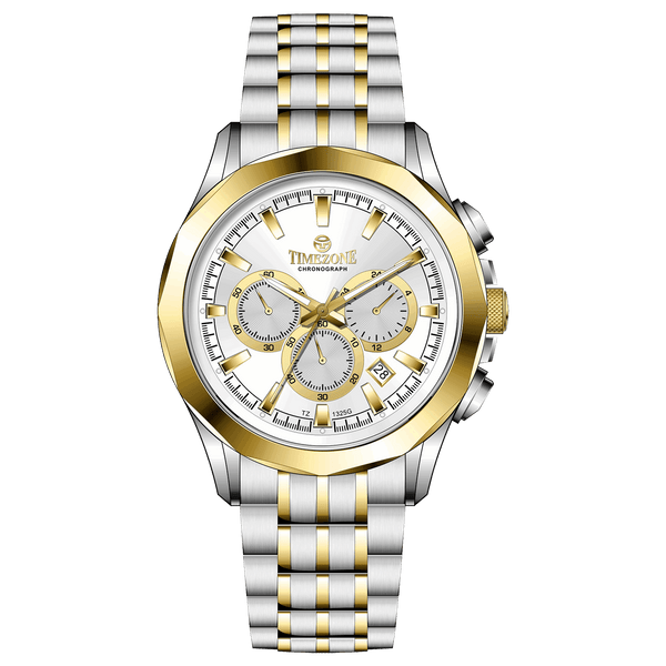 A timezone chronograph watch with a stainless steel band and bracelet, featuring a silver dial with gold-tone hands and markers. Discover timezone watches: elegant branded wrist watches for men in pakistan.